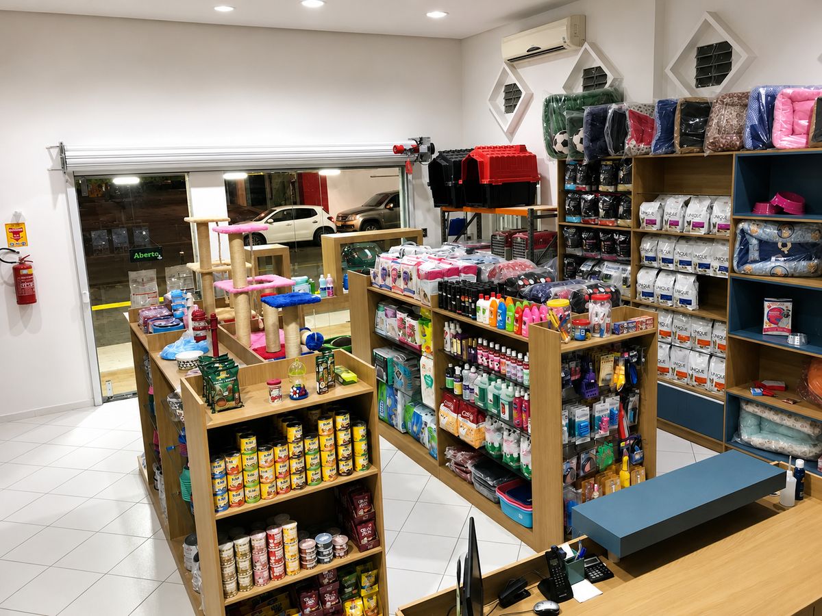 Interior do petshop do CEVEPE com prateleiras de rações, acessórios e produtos de higiene